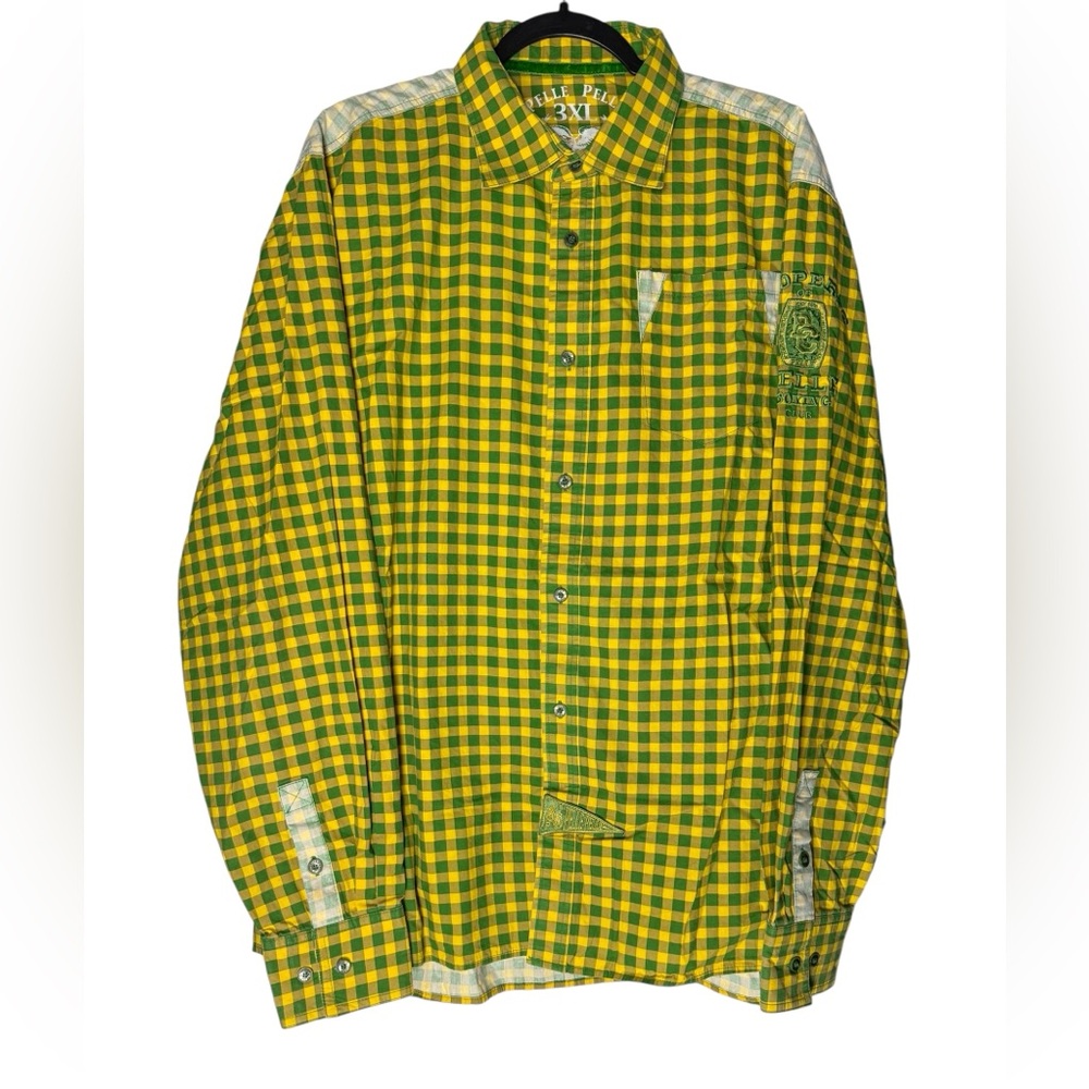 Pelle Pelle Men’s 3XL Button Up Shirt Green Yellow Check Embroidered Streetwear